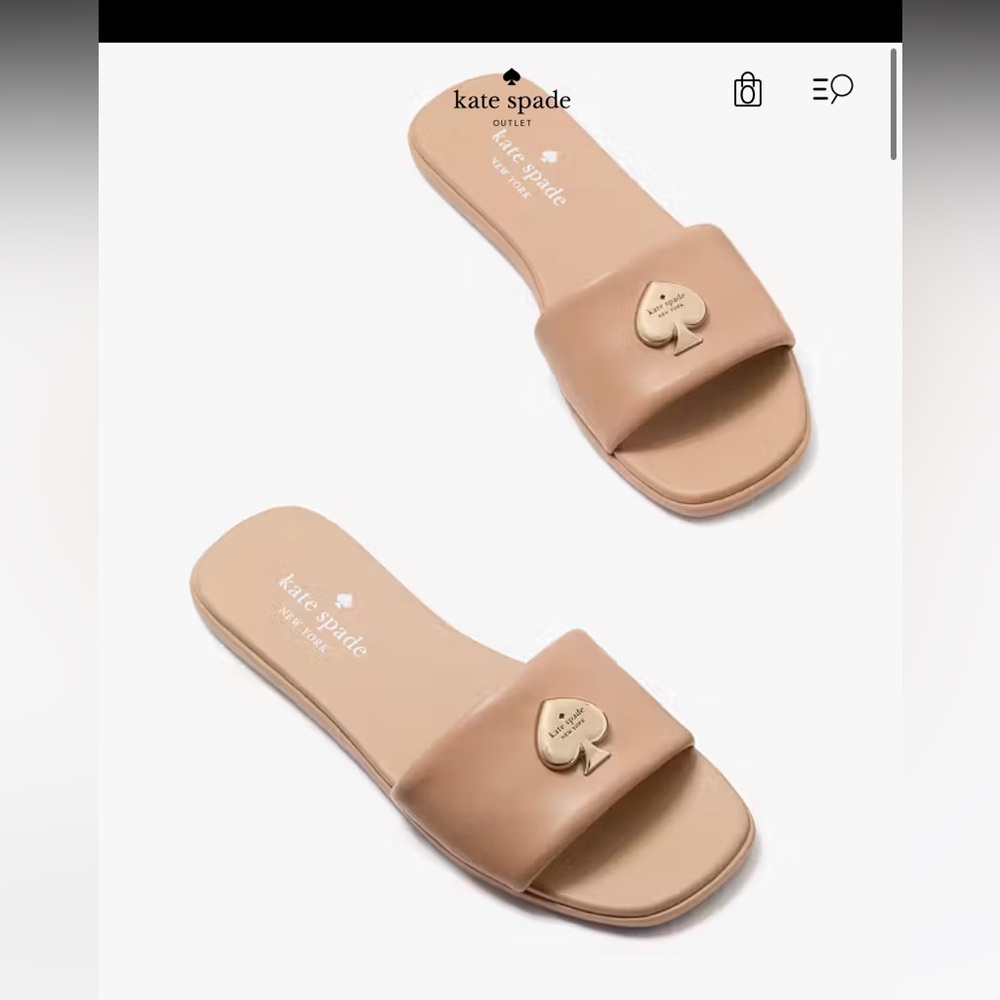 kate spade Nude Tan Slide Sandals with Gold Spade Accent